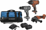Pack 20V perceuse percu 60Nm-clé à chocs 1/2" 20V 400/650Nm-meuleuse 125mm-2 batteries Li-ion 4Ah - sac de transport Pack 20V perceuse percu 60Nm-clé à chocs 1/2" 20V 400/650Nm-meuleuse 125mm-2 batteries Li-ion 4Ah - sac de transport