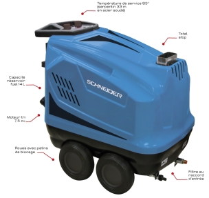 Nettoyeur HP eau chaude 380V 15 l/min 200 bar avec flexible 15m et total stop