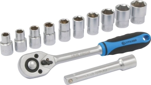 Cliquet 1/2" 45 dents avec 10 douilles de 10 à 24mm et rallonge - 12 pcs