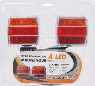 Kit de signalisation arrière LED 12V 7,5m magnétique avec fiche 13 plots - blister