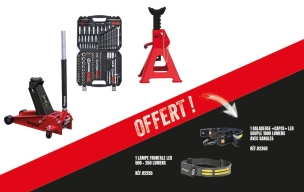 Pack cric et chandelle 3T + coffret douilles + lampe frontale + baladeuse