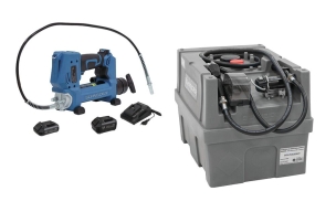 Lot cuve de ravitaillement gasoil PE 200L 20V - pompe à graisse 20V 690 bar - 2 batteries