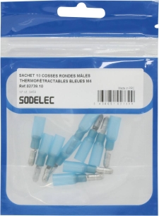 Cosse ronde mâle isolée thermorétractable bleue M4 - blister de 10 pcs