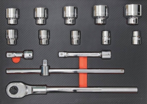Servante d'atelier 7 tiroirs et 2 portes latérales composée de 107 outils PL - modules finition carbone