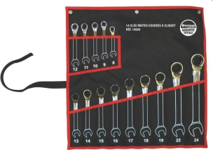 Clés mixtes coudées à cliquet de 8 à 24mm avec inverseur - pochette de 14 pcs Clés mixtes coudées à cliquet de 8 à 24mm avec inverseur - pochette de 14 pcs