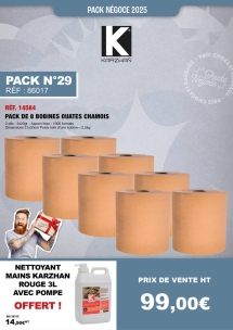 PN N°29 8 bobines chamois, nettoyant mains Karzhan rouge 3L avec pompe