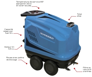 Nettoyeur HP eau chaude 380V 14 l/min 160 bar avec flexible 20m et total stop