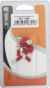 Cosse plate mâle et femelle isolée rouge 6,3x0,8mm - blister de 10 pcs