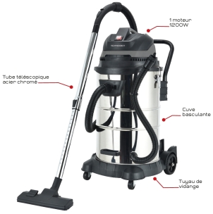Aspirateur eau et poussière 50L 230V 1200W cuve inox basculante/décolmatage/souffleur