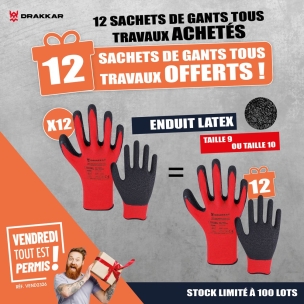 OPE VTEP - Lot de 24 sachets de gants tous travaux enduit latex T10 réf.66114 dont 12 offerts