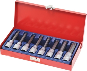 Douilles tournevis 1/2" avec embout 100mm Torx® de T27 à T70 - coffret métallique de 8 pcs Douilles tournevis 1/2" avec embout 100mm Torx® de T27 à T70 - coffret métallique de 8 pcs