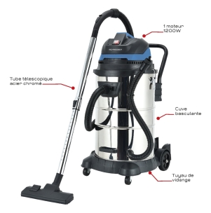 Aspirateur eau et poussière 50L 230V 1200W cuve inox basculante/décolmatage/souffleur
