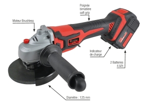 Meuleuse d'angle brushless 125mm 18V 2 batteries 4Ah Li-ion - sac de transport