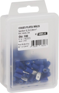 Cosse plate mâle isolée bleue 6,3X0,8 - lot de 100 pcs