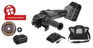 Pack meuleuse d'angle brushless 125mm 20V - 1 batterie 5Ah Li-ion - chargeur - 10 disques à tronçonner acier + 1 batterie 4Ah OFFERTS