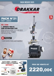 PN N°21 démonte-pneu semi-automatique 230V VL/VU/4x4, clé à choc, levier démonte pneu, pâte à pneu et pinceau