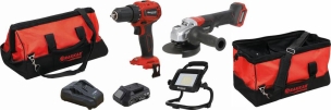 Pack 20V perceuse 40Nm-meuleuse 125mm-projecteur-2 batteries 4Ah Li-ion-sac de transport