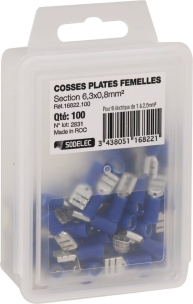 Cosse plate femelle isolée bleue 6,3X0,8mm - lot de 100 pcs