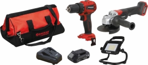 Pack 20V perceuse 40Nm-meuleuse 125mm- projecteur-2 batteries 2Ah Li-ion-sac de transport