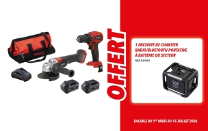 Pack 20V perceuse visseuse 40Nm-meuleuse 125mm-2 batteries Li-ion 5Ah et 4Ah - sac de transport