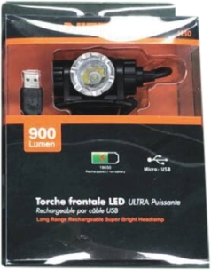 Lampe frontale LED 900 lumens rechargeable