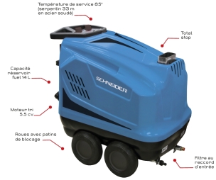 Nettoyeur HP eau chaude 380V 14 l/min 160 bar avec flexible 15m et total stop