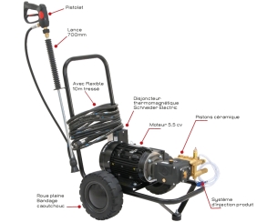 Nettoyeur HP eau froide tri 900 l/h 170 bar avec flexible 10m et lance