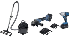 Pack meuleuse d'angle 125mm 20V, clé à choc 1/2" 20V et aspirateur eau et poussière 10L