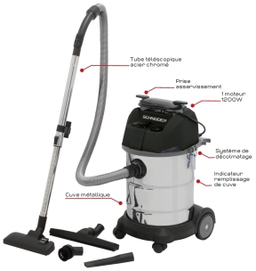 Aspirateur eau et poussière 30L 230V 1200W cuve inox/prise électroportatif/2 roues fixes/décolmatage/souffleur
