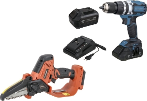 Lot de 1 élagueuse sur batterie 20V, guide 10cm et 1 perceuse visseuse 20V 65Nm, 2 batteries Li-ion 4Ah et 2Ah