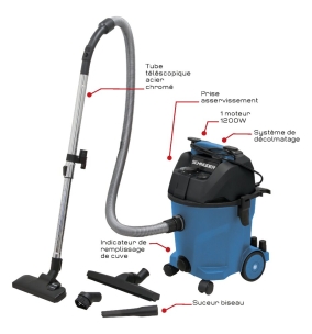 Aspirateur eau et poussière 20L 230V 1200W cuve plastique/prise électroportatif/décolmatage/souffleur