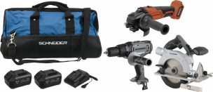 Pack 20V perceuse 50Nm/meuleuse 125mm/scie circulaire 165mm/2 batteries Li-ion 4Ah - sac de transport