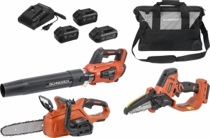 Pack 20V souffleur de jardin, élagueuse sur batterie - 10cm, tronçonneuse - 2 batteries Li-ion 4Ah - 1 batterie 2Ah