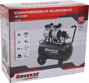 Compresseur silencieux 50L 8 bar 2CV 230V sans huile