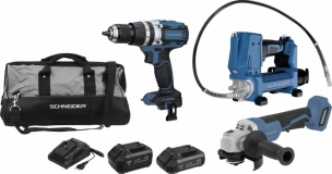 Pack 20V perceuse visseuse à percu 65Nm-pompe à graisse 690 bar-meuleuse d'angle 125mm 20V-1 batterie Li-ion 2Ah-1 batterie Li-ion 4Ah - sac de transport