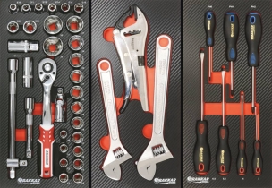 Servante d'atelier 7 tiroirs et 2 portes latérales composée de 107 outils PL - modules finition carbone