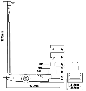 Cric rouleur hydropneumatique 20/40/60T 150/447mm longueur 975mm Cric rouleur hydropneumatique 20/40/60T 150/447mm longueur 975mm