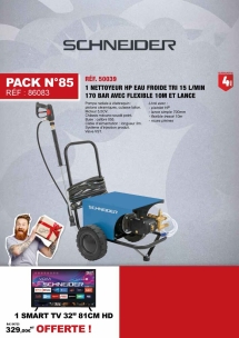 PN n°84 lot nettoyeur HP eau froide tri 15 l/min 170 bar avec flexible 10m - lance et Smart TV 32" 81cm HD