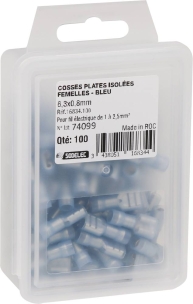 Cosse plate femelle 100% isolée bleue 6,3X0,8mm - lot de 100 pcs