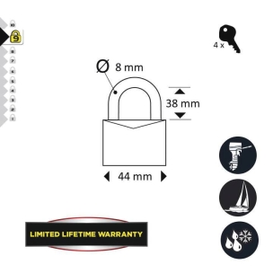 Cadenas marine acier inox 44mm 4 clés - blister