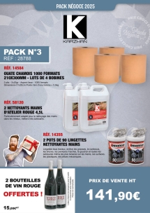 PN N°3 de 2 lots de 2 bobines ouate chamois, 2 nettoyants mains d'atelier, 2 pots de lingettes nettoyantes et 2 bouteilles de rouge