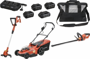 Pack 20V coupe bordure 250mm, taille haie sur batterie 18V 520mm, tondeuse sur batterie Ø 430mm - 3 batteries Li-ion 5Ah - 1 batterie Li-ion 2Ah