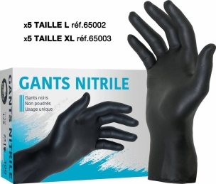 PN N° 16 lot de 5 boîtes de gants nitrile noir L, 5 boîtes de gants nitrile noir XL et 1 bouteille de rouge