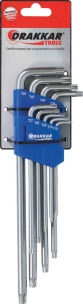 Clé mâle coudée Torx® extra longue alésée de T10 à T50 - étui pivotant de 9 pcs sur carte
