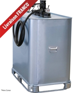 Cuve de stockage gasoil galvanisée 700L double paroi avec kit pompe à gasoil 230V 35 l/min