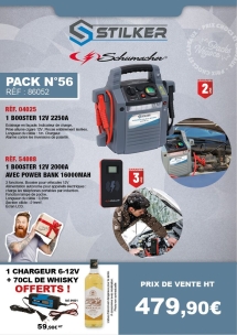 PN N°56 lot booster 12V 2250A et booster 12V 2000A, chargeur électronique et bouteille de whisky