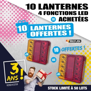 OPE VTEP - Lot de 20 feux arrières carrés LED 12V 4 fonctions cabochon orange/rouge réf.17256 dont 10 offerts
