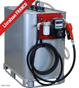 Cuve de stockage gasoil galvanisée 700L double paroi avec station à gasoil 230V 60 l/min et pistolet automatique/volucompteur/filtre