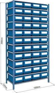 Etagère avec 44 boîtes à bec et 130 séparations 2000x1000x320mm