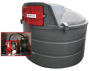 Cuve de stockage gasoil PEHD 5000L DP avec armoire intégrée pour station à gasoil 230V 100 l/min pistolet automatique/compteur/filtre et enrouleur tuyau automatique 8m